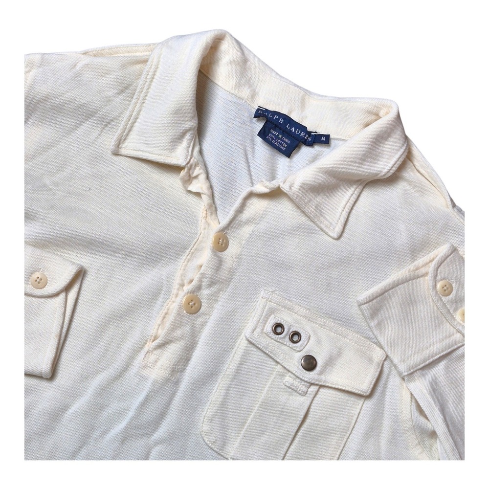 VTG Y2K Ralph Lauren Women's M Ivory Polo Shirt Utility Pocket Roll Tab Sleeve